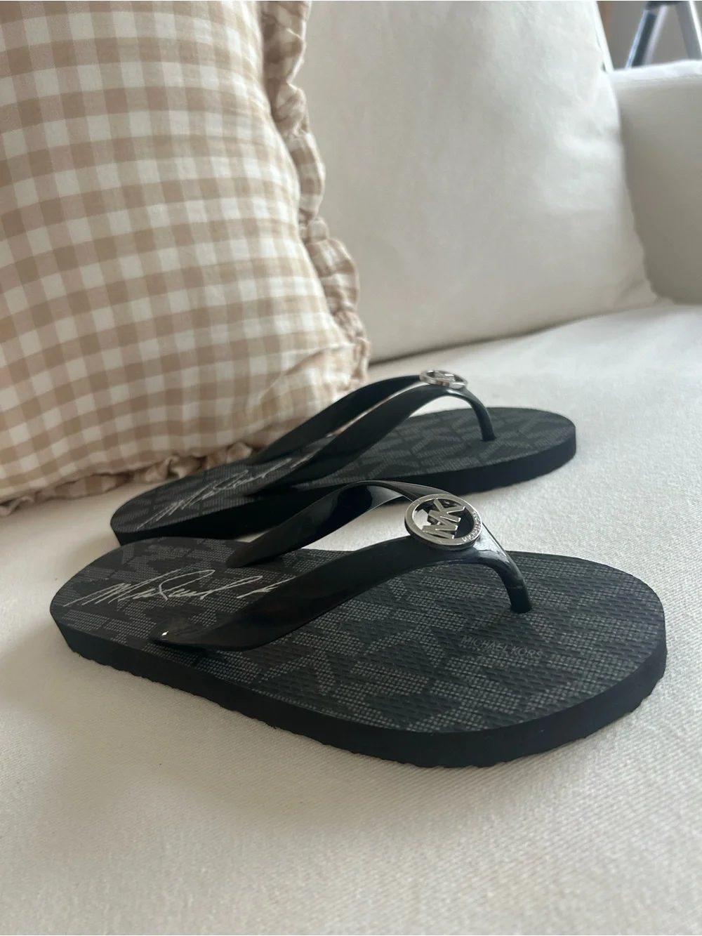 Michael Kors Black Logo MK Medallion Flip Flops